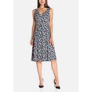 Anne Klein Double-V Canoe Green Combo Dot Pleated Fit & Flare Midi Dress Size 14